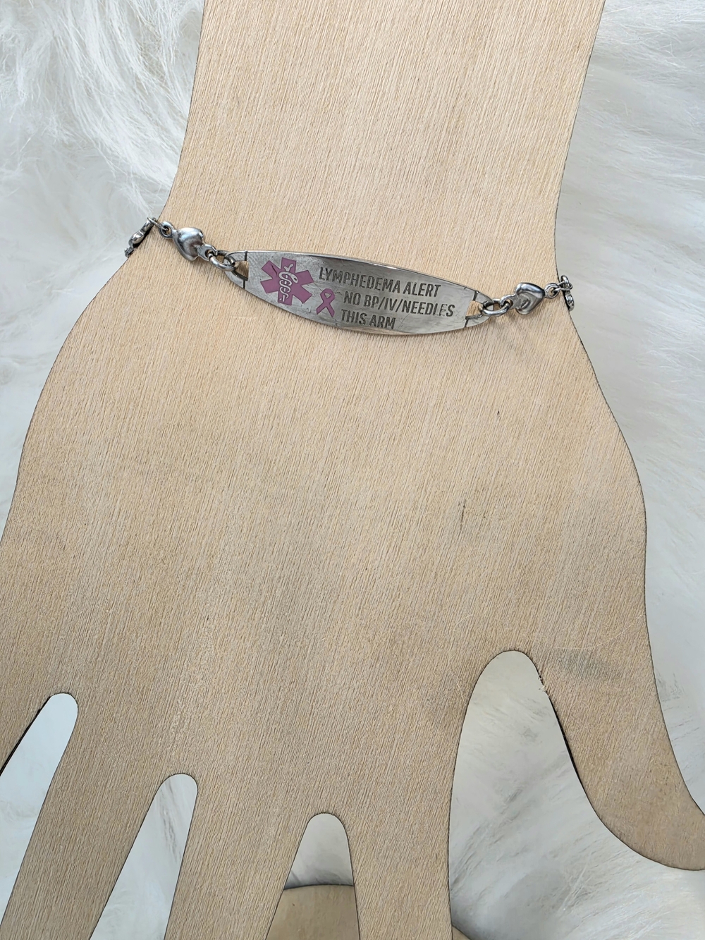 Lymphedema Medical Alert Bracelet with Pink Ribbon - Silver-tone Size 8.25" - Picture 3 of 7